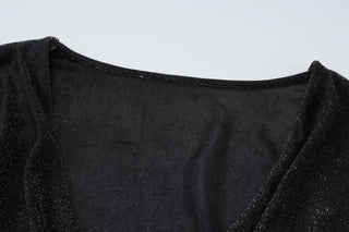 Long sleeve cowl neck ruched glitter solid mini dress
