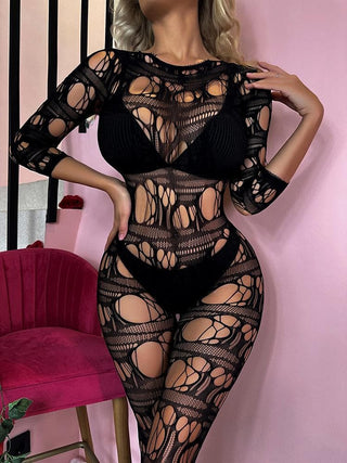 Long sleeve net hollow out padded bodystocking
