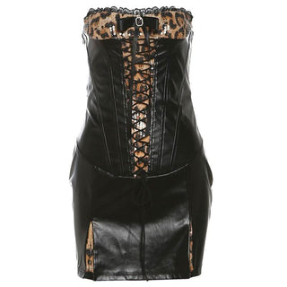 PU leather patchwork leopard print glitter lace up mini dress