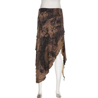 Tie dye irregular self tie slit contrast lace up low rise midi skirt
