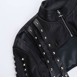 High neck PU leather zip-up hollow out shrug cut out top