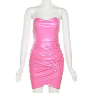 Sweetheart neck PU leather backless mini dress