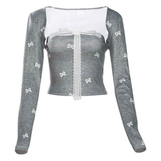 Long sleeve lace bowknot print square neck top