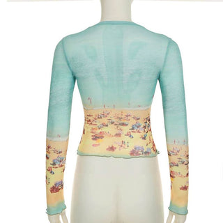 Long sleeve crewneck contrast mesh top