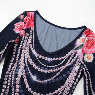 Long flared sleeve u neck beaded print sheer mesh top