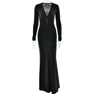 Long sleeve v neck ruched hollow out cut out maxi dress