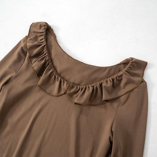 Long flared sleeve ruffle round neck ruched mini dress