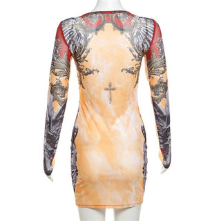 Long sleeve crewneck print sheer mesh mini dress
