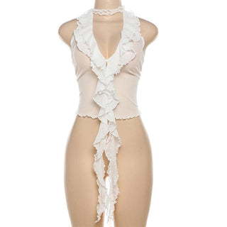 Halter v neck ruffle mesh crop top