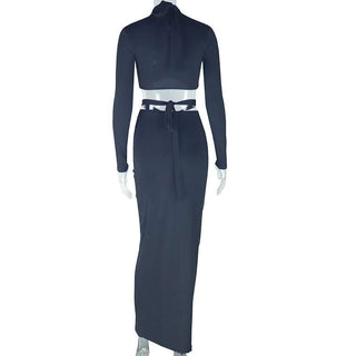 Ruched long sleeve crewneck self tie maxi skirt set