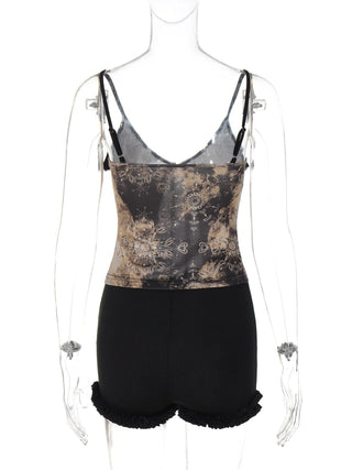 V neck lace hem print self tie cami pant set