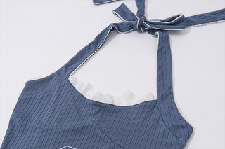 Halter â€œ3â€ print ribbed ruffle lace hem pant set