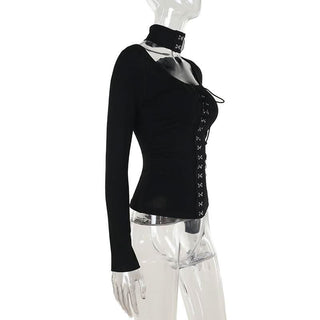 Halter long sleeve button self tie top