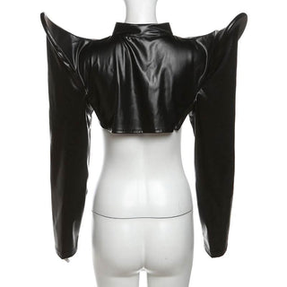 PU leather long sleeve zip-up crop top