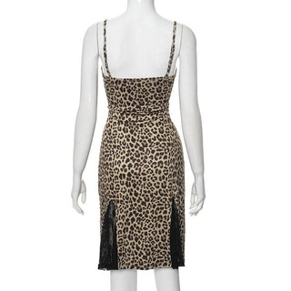 Lace hem patchwork leopard print cami mini dress