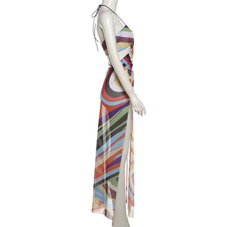 Halter print contrast high slit sheer mesh maxi dress
