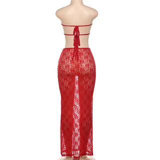 Self tie lace ruched knotted see through maxi skirt set