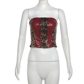 Leopard print lace up PU leather patchwork tube top