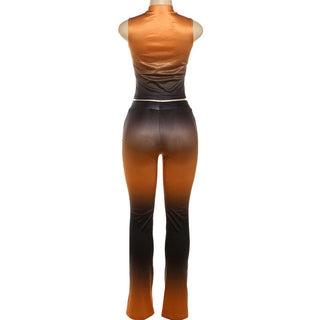 Sleeveless gradient crewneck ruched hollow out pant set