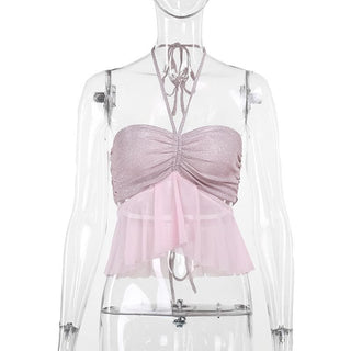 Halter drawstring ruched mesh glitter crop top