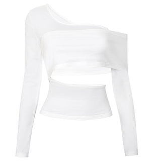 Long sleeve one shoulder hollow out solid irregular backless cut out top