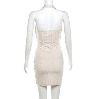 Halter cowl neck beaded low cut mini dress