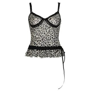 Leopard print bowknot see through mesh cami top