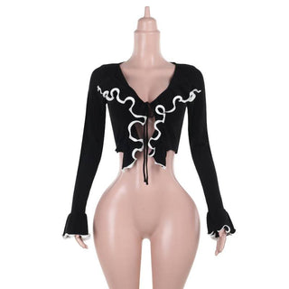 Long flared sleeve ruffle v neck self tie ruched top