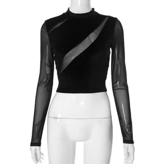 High neck mesh velvet patchwork long sleeve crop top