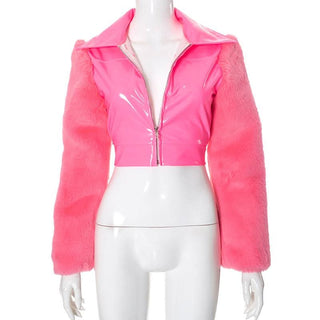 Zip-up long sleeve fluffy turnover collar crop top