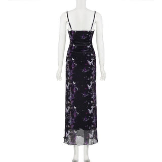 Butterfly print lace hem slit mesh cami maxi dress