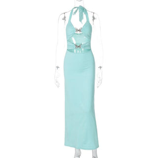 Halter metal butterfly hollow out cut out maxi dress