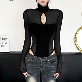High neck long sleeve mesh hollow out bodysuit