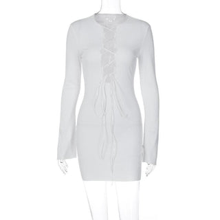 Lace up solid long sleeve ribbed self tie mini dress
