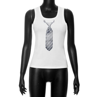 U neck necktie print ribbed contrast sleeveless top