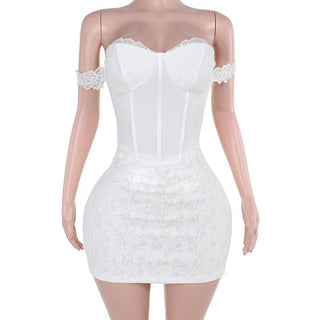 Sweetheart neck off shoulder bustier lace mini dress