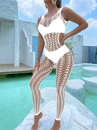 U neck sleeveless hollow out fishnet bodystocking