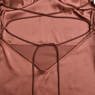 Satin solid lace up cross back v neck low cut maxi dress