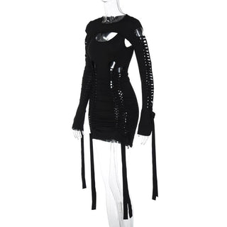 Hollow out solid long sleeve shrug ribbon u neck 2 piece dress