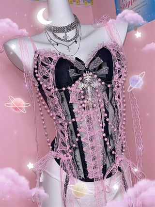 Lace beaded bowknot self tie cami top