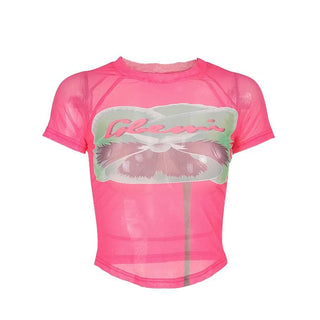 Short sleeve sheer mesh print crop top