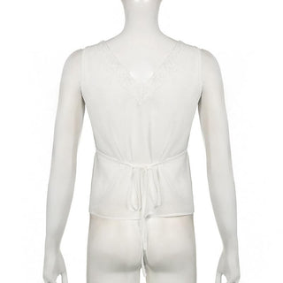 V neck button lace hem solid tank top