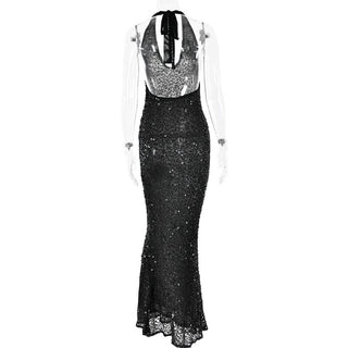 Halter self tie glitter u neck low cut backless maxi dress