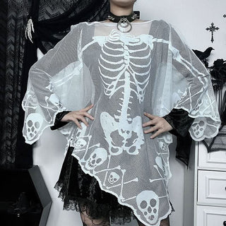 Human skeleton ruffle net shrug top