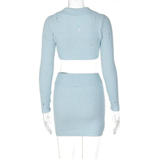 Button knitted solid long sleeve turnover collar mini skirt set-final-sale