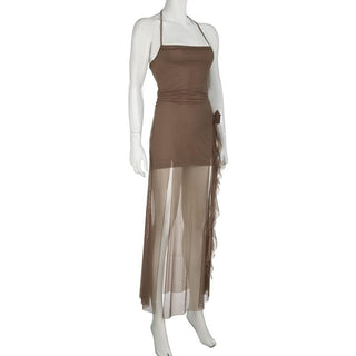 Halter mesh slit flower applique maxi dress
