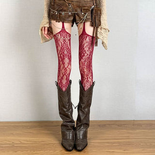 Suspender sheer lace flower pattern tights