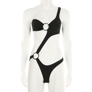 Irregular one shoulder o ring hollow out button bodysuit