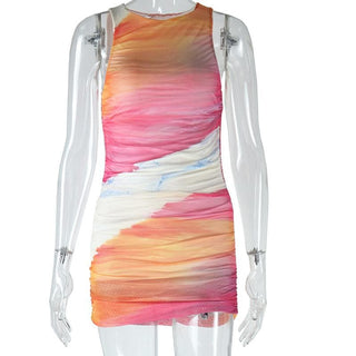 Mesh gradient crewneck ruched tank mini dress