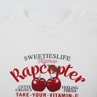 Short sleeve cherry print ribbed crop top